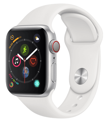Apple Watch 4 med 4G, 40mm, sølv alu, hvit Sport Band