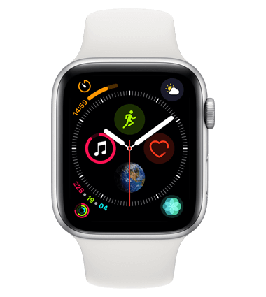 Apple Watch 4 med 4G, 44mm, sølv alu, hvit Sport Band