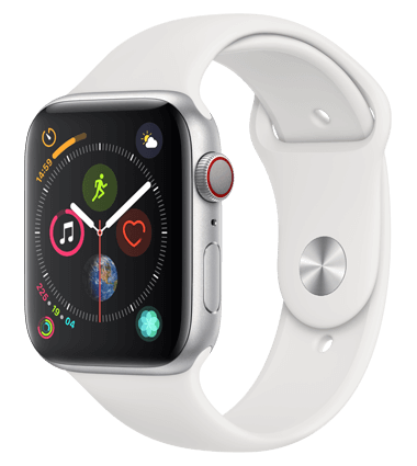 Apple Watch 4 med 4G, 44mm, sølv alu, hvit Sport Band
